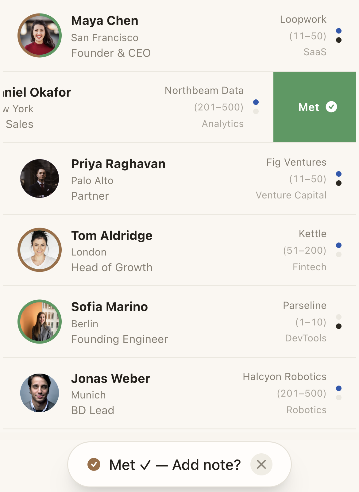 Guest list showing want-to-meet and met marks